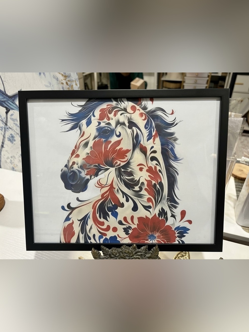 Framed 8x10 Horse Art Print Red Blue White Floral Design